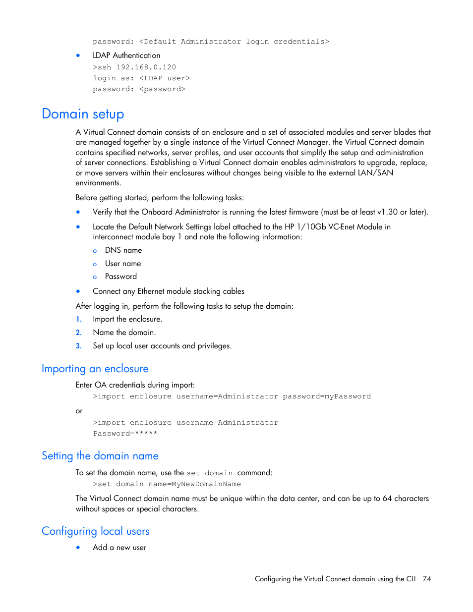 Domain setup, Importing an enclosure, Setting the domain name | Configuring local users | HP Virtual Connect 1.10Gb-F Ethernet Module for c-Class BladeSystem User Manual | Page 74 / 90