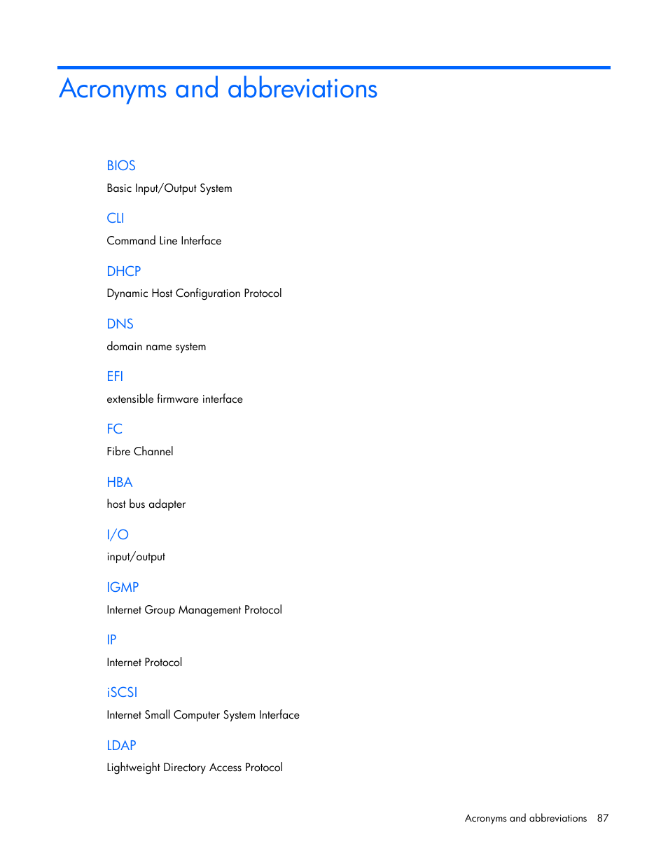 Acronyms and abbreviations | HP Virtual Connect 1.10Gb-F Ethernet Module for c-Class BladeSystem User Manual | Page 87 / 90