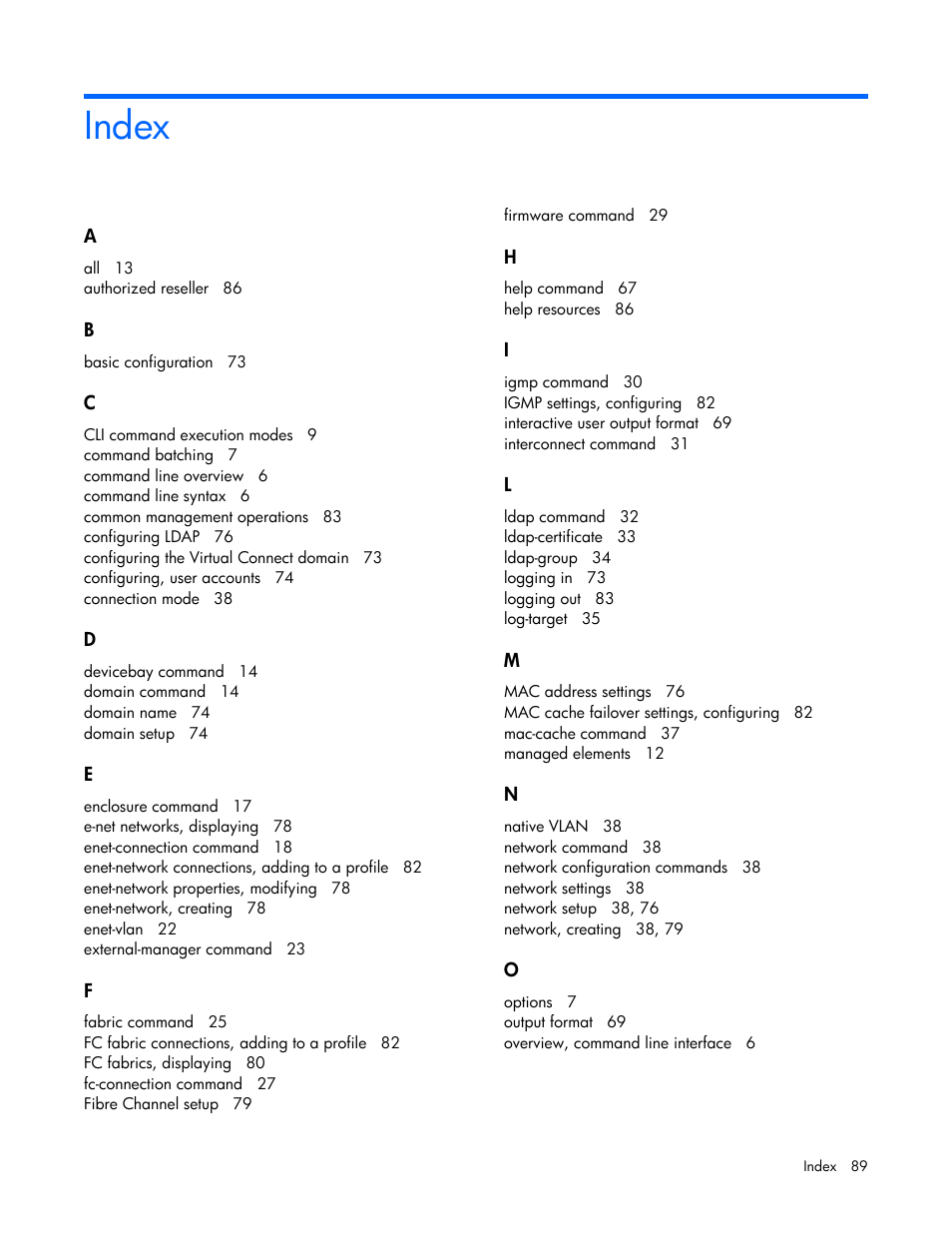 Index | HP Virtual Connect 1.10Gb-F Ethernet Module for c-Class BladeSystem User Manual | Page 89 / 90