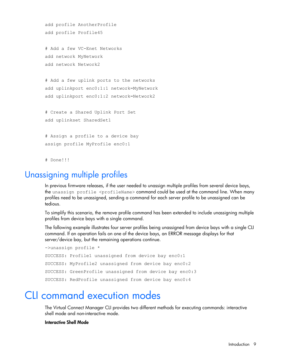 Unassigning multiple profiles, Cli command execution modes | HP Virtual Connect 1.10Gb-F Ethernet Module for c-Class BladeSystem User Manual | Page 9 / 90