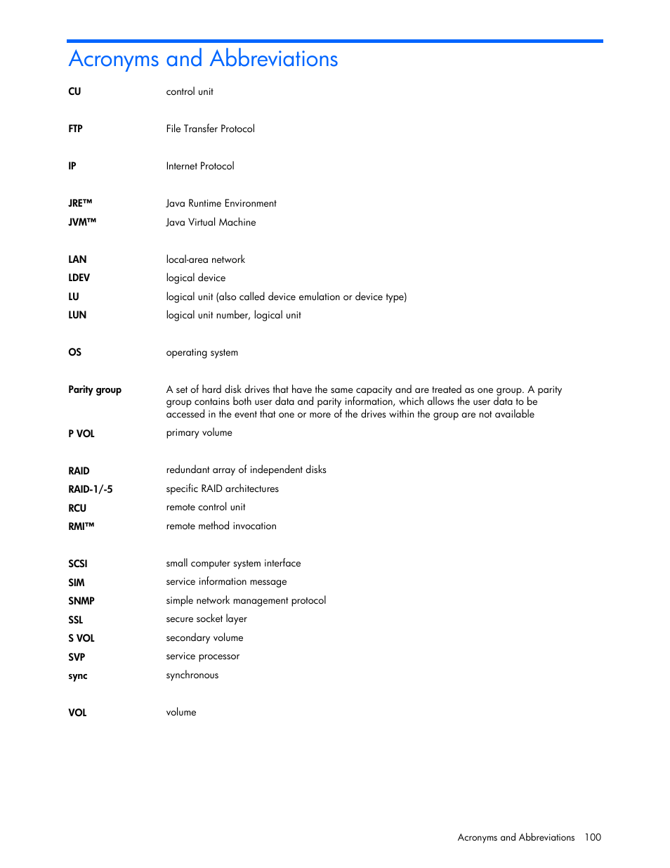 Acronyms and abbreviations | HP StorageWorks XP Remote Web Console Software User Manual | Page 100 / 100