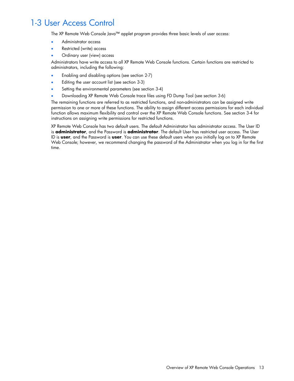 3 user access control | HP StorageWorks XP Remote Web Console Software User Manual | Page 13 / 100