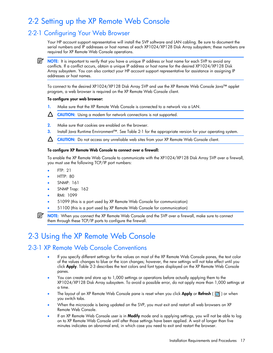 2 setting up the xp remote web console, 3 using the xp remote web console, 2-1 configuring your web browser | 3-1 xp remote web console conventions | HP StorageWorks XP Remote Web Console Software User Manual | Page 17 / 100