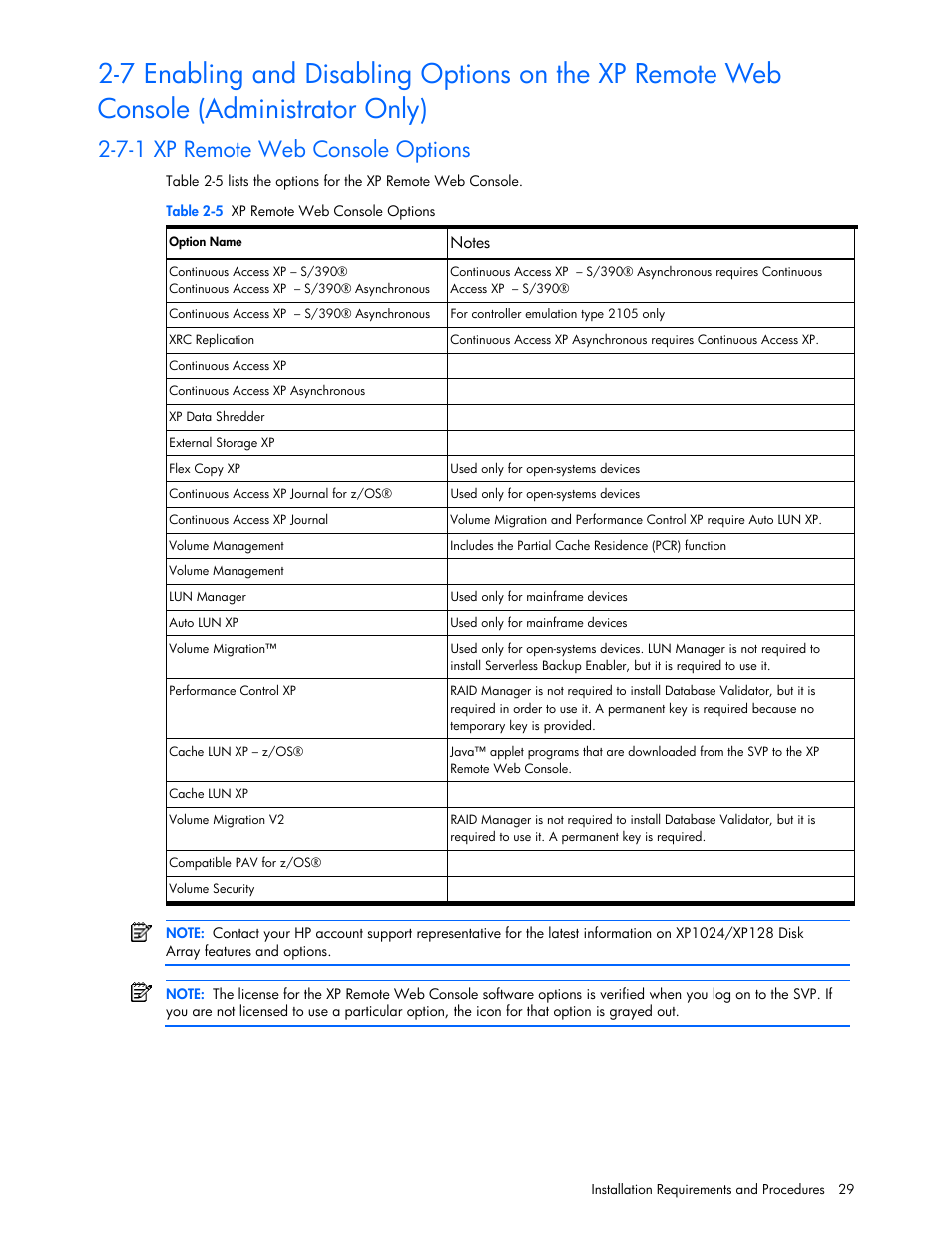 7-1 xp remote web console options | HP StorageWorks XP Remote Web Console Software User Manual | Page 29 / 100