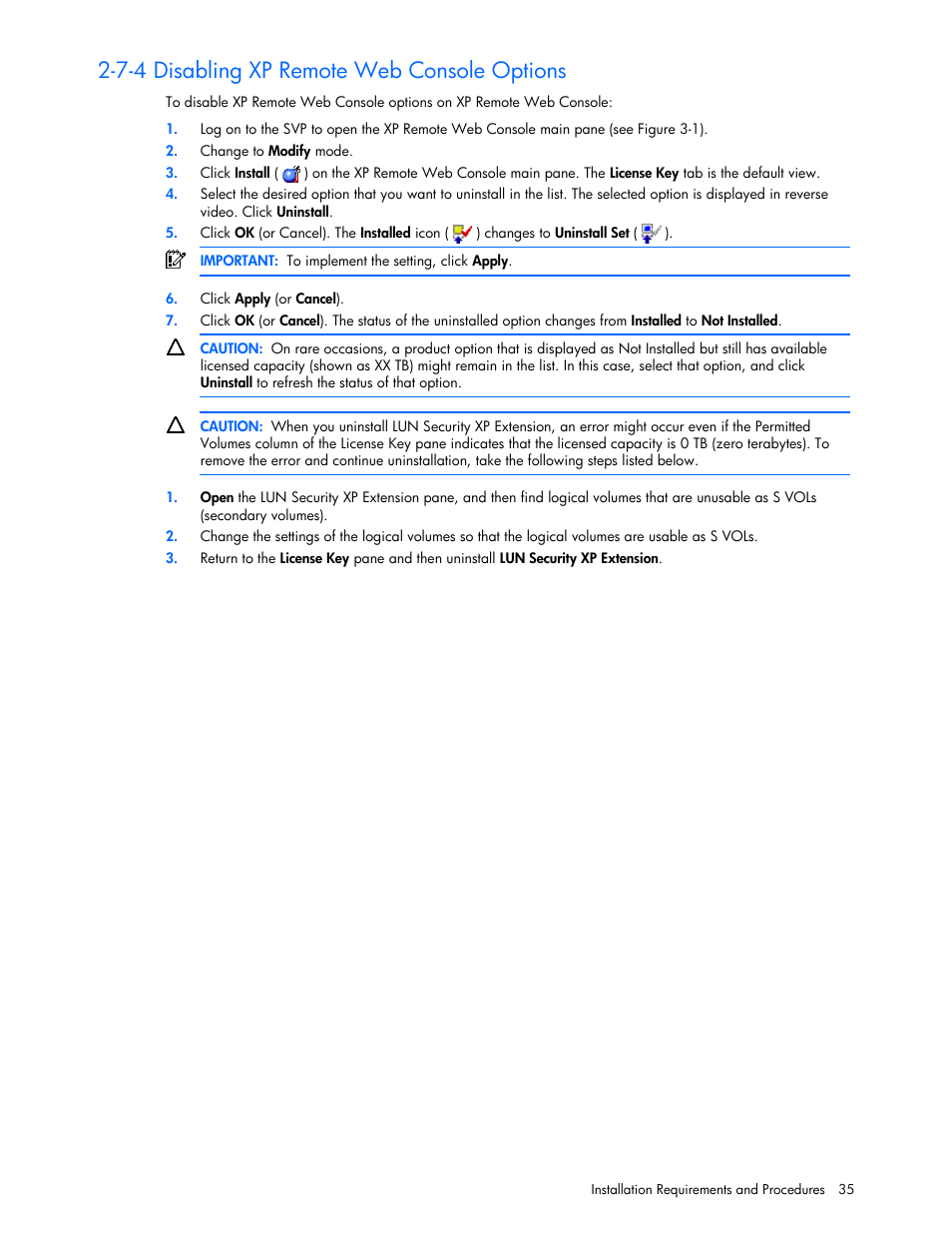 7-4 disabling xp remote web console options | HP StorageWorks XP Remote Web Console Software User Manual | Page 35 / 100