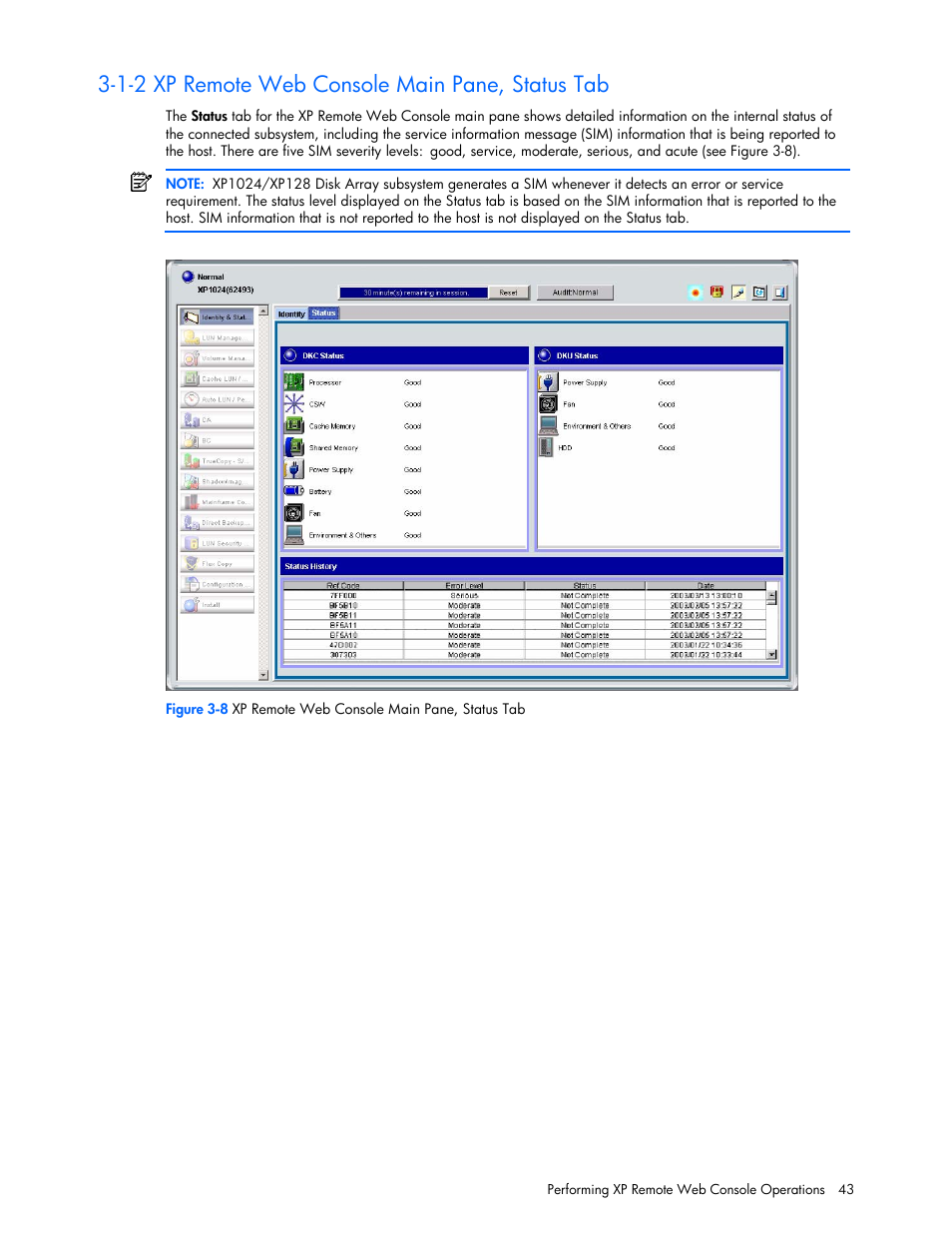 1-2 xp remote web console main pane, status tab | HP StorageWorks XP Remote Web Console Software User Manual | Page 43 / 100