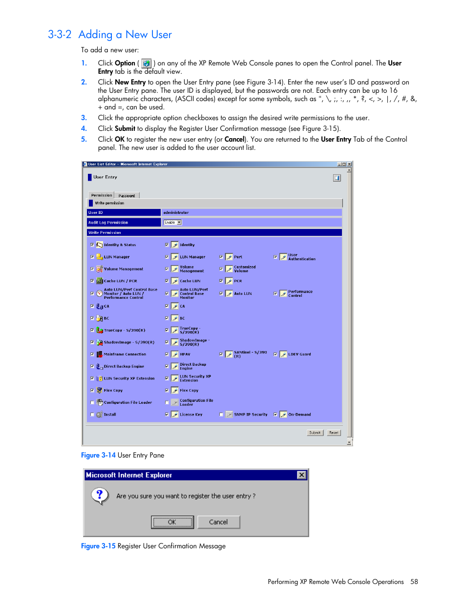 3-2 adding a new user | HP StorageWorks XP Remote Web Console Software User Manual | Page 58 / 100