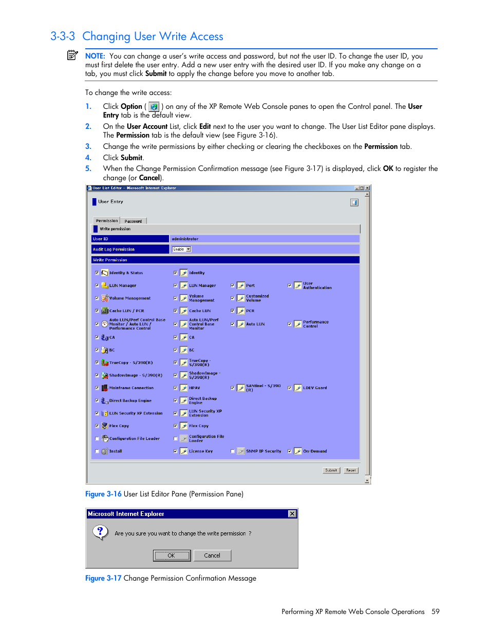 3-3 changing user write access | HP StorageWorks XP Remote Web Console Software User Manual | Page 59 / 100