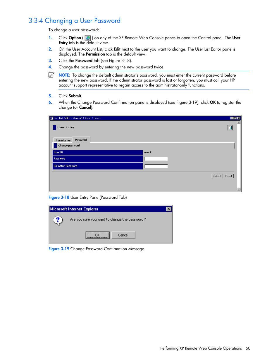 3-4 changing a user password | HP StorageWorks XP Remote Web Console Software User Manual | Page 60 / 100