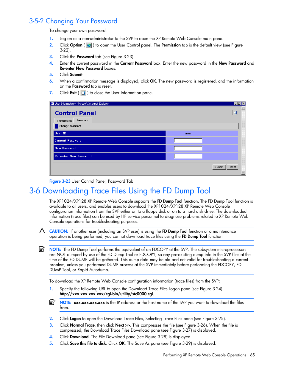 6 downloading trace files using the fd dump tool, 5-2 changing your password | HP StorageWorks XP Remote Web Console Software User Manual | Page 65 / 100