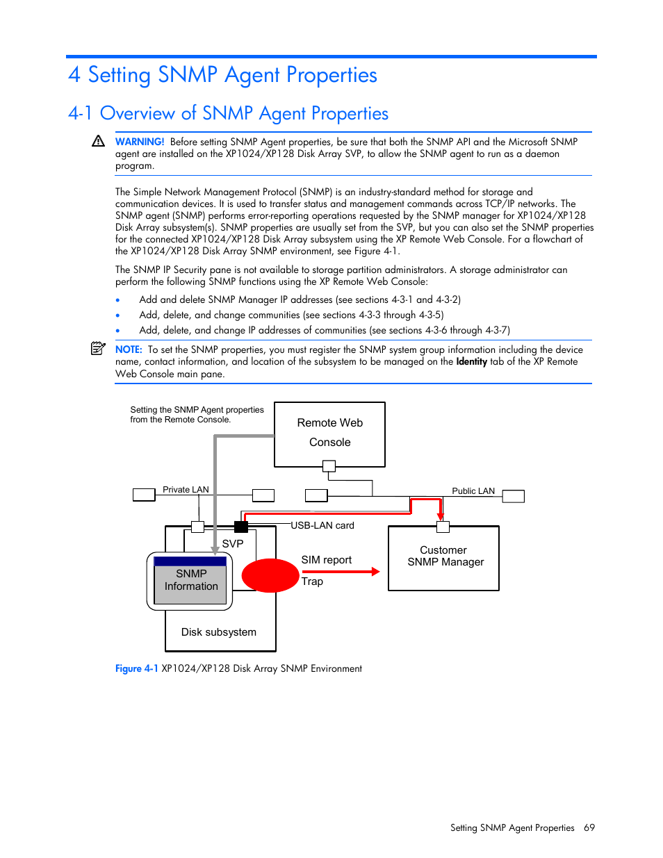 4 setting snmp agent properties, 1 overview of snmp agent properties | HP StorageWorks XP Remote Web Console Software User Manual | Page 69 / 100