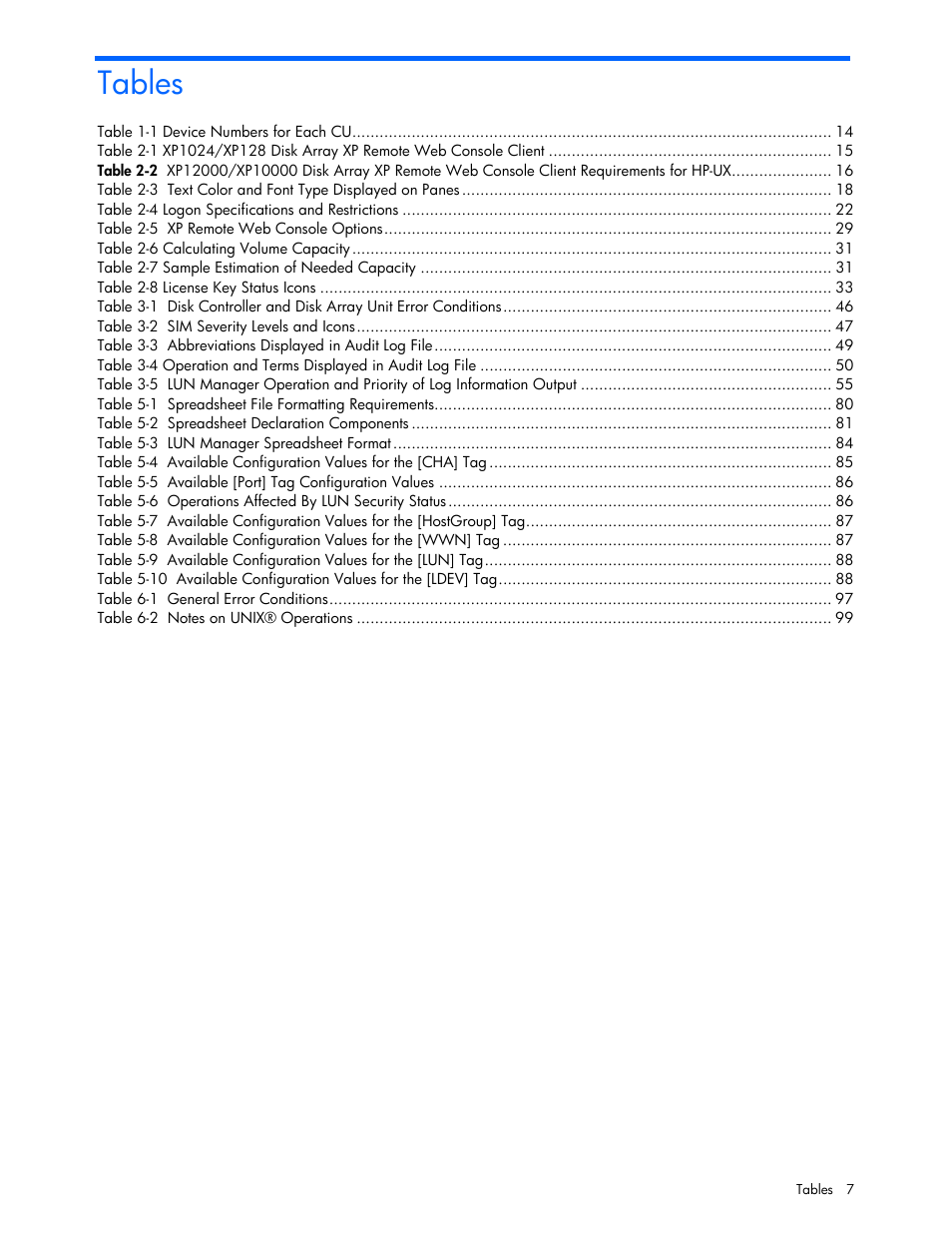 Tables | HP StorageWorks XP Remote Web Console Software User Manual | Page 7 / 100