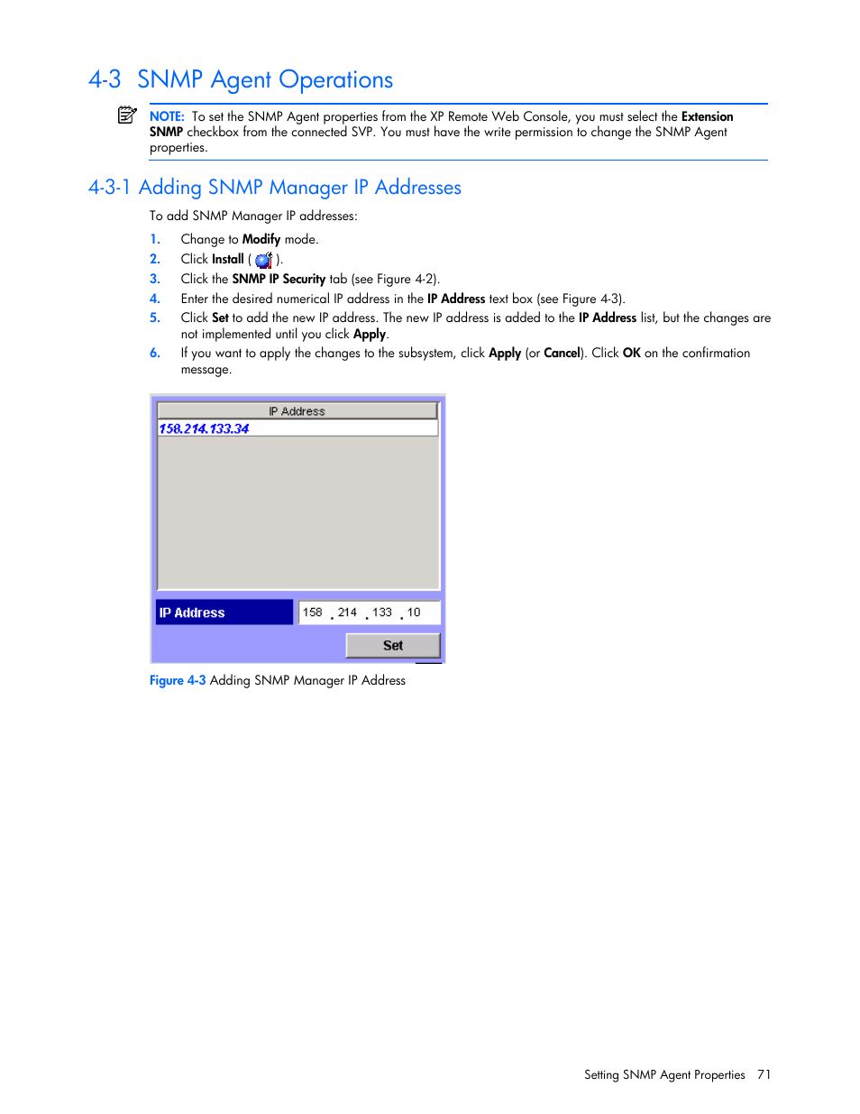 3 snmp agent operations, 3-1 adding snmp manager ip addresses | HP StorageWorks XP Remote Web Console Software User Manual | Page 71 / 100