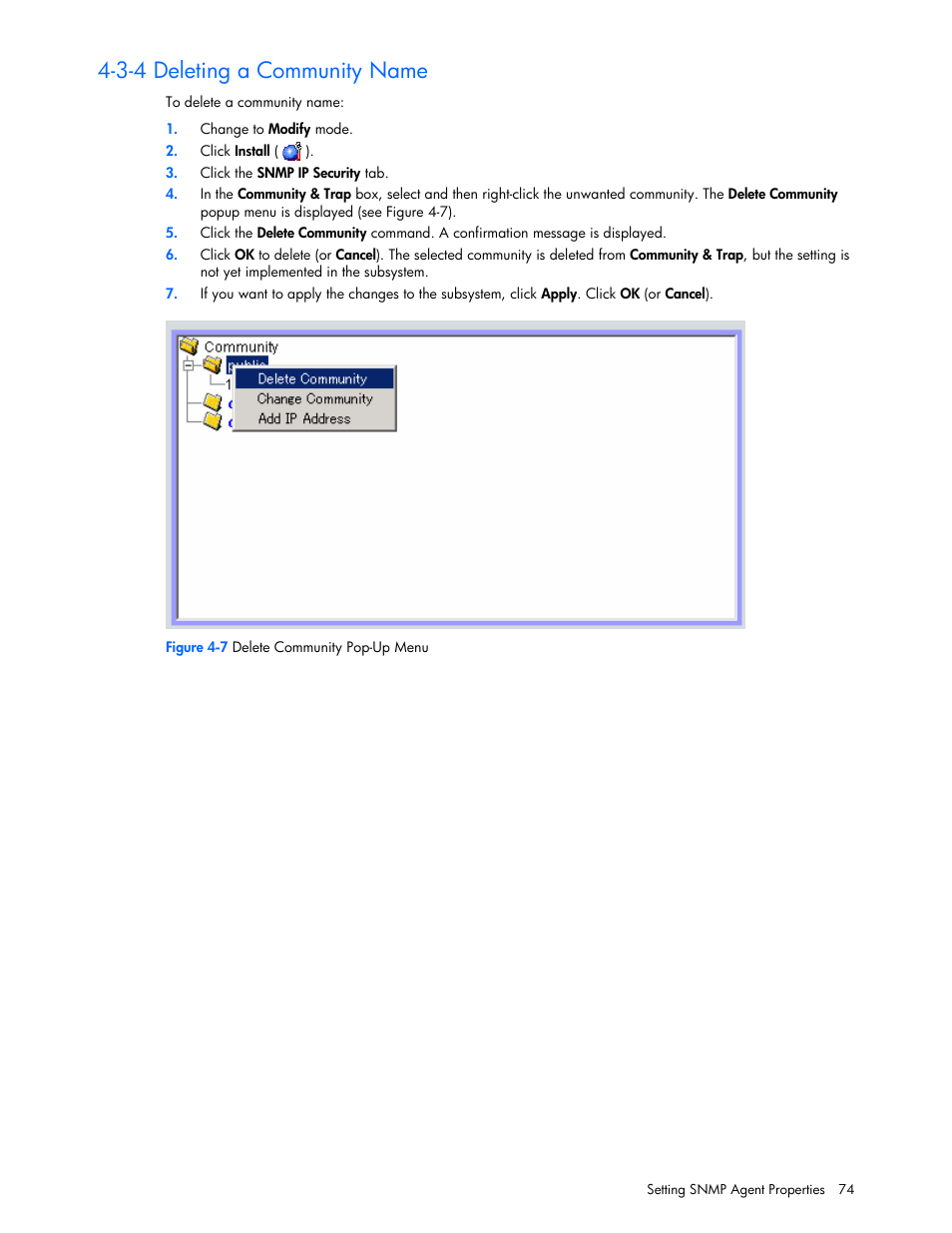 3-4 deleting a community name | HP StorageWorks XP Remote Web Console Software User Manual | Page 74 / 100