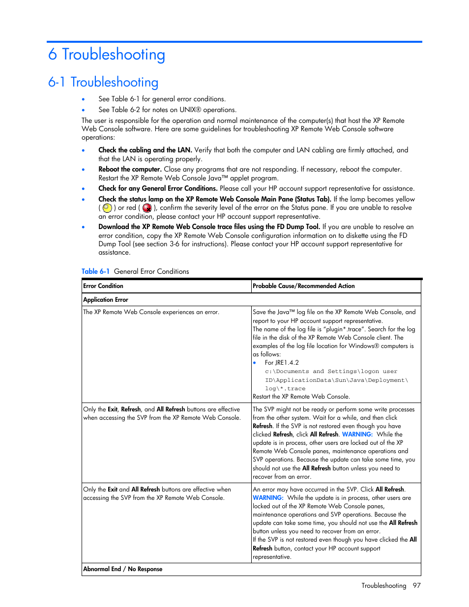 6 troubleshooting, 1 troubleshooting | HP StorageWorks XP Remote Web Console Software User Manual | Page 97 / 100