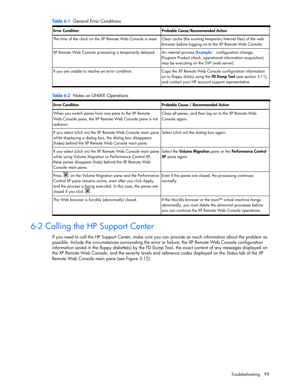 2 calling the hp support center | HP StorageWorks XP Remote Web Console Software User Manual | Page 99 / 100