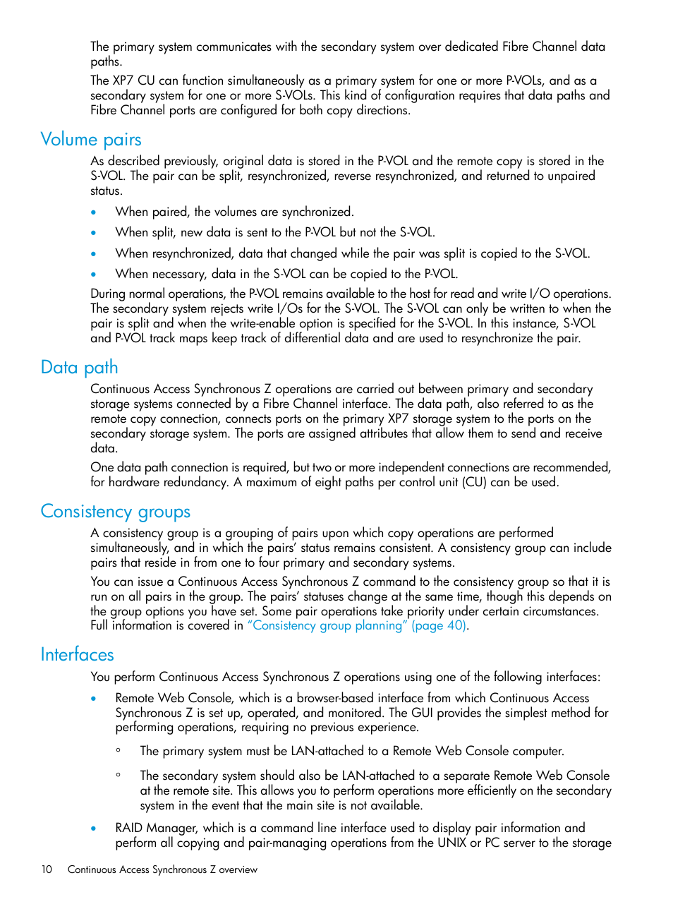 Volume pairs, Data path, Consistency groups | Interfaces | HP XP7 Storage User Manual | Page 10 / 195
