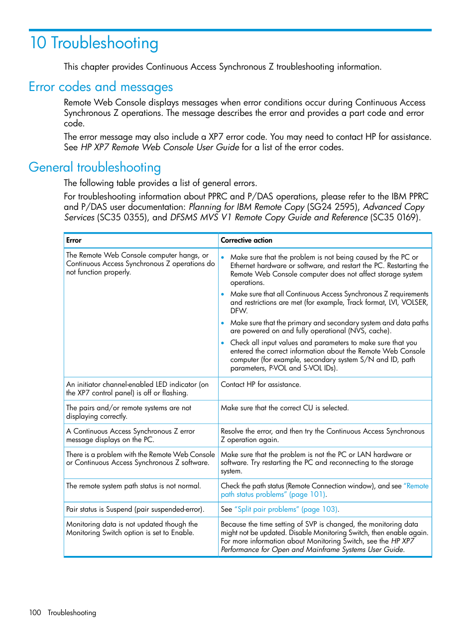 10 troubleshooting, Error codes and messages, General troubleshooting | Error codes and messages general troubleshooting | HP XP7 Storage User Manual | Page 100 / 195