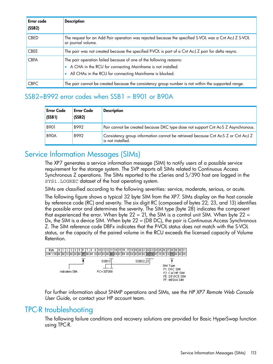 Ssb2=b992 error codes when ssb1 = b901 or b90a, Service information messages (sims), Tpc-r troubleshooting | HP XP7 Storage User Manual | Page 113 / 195