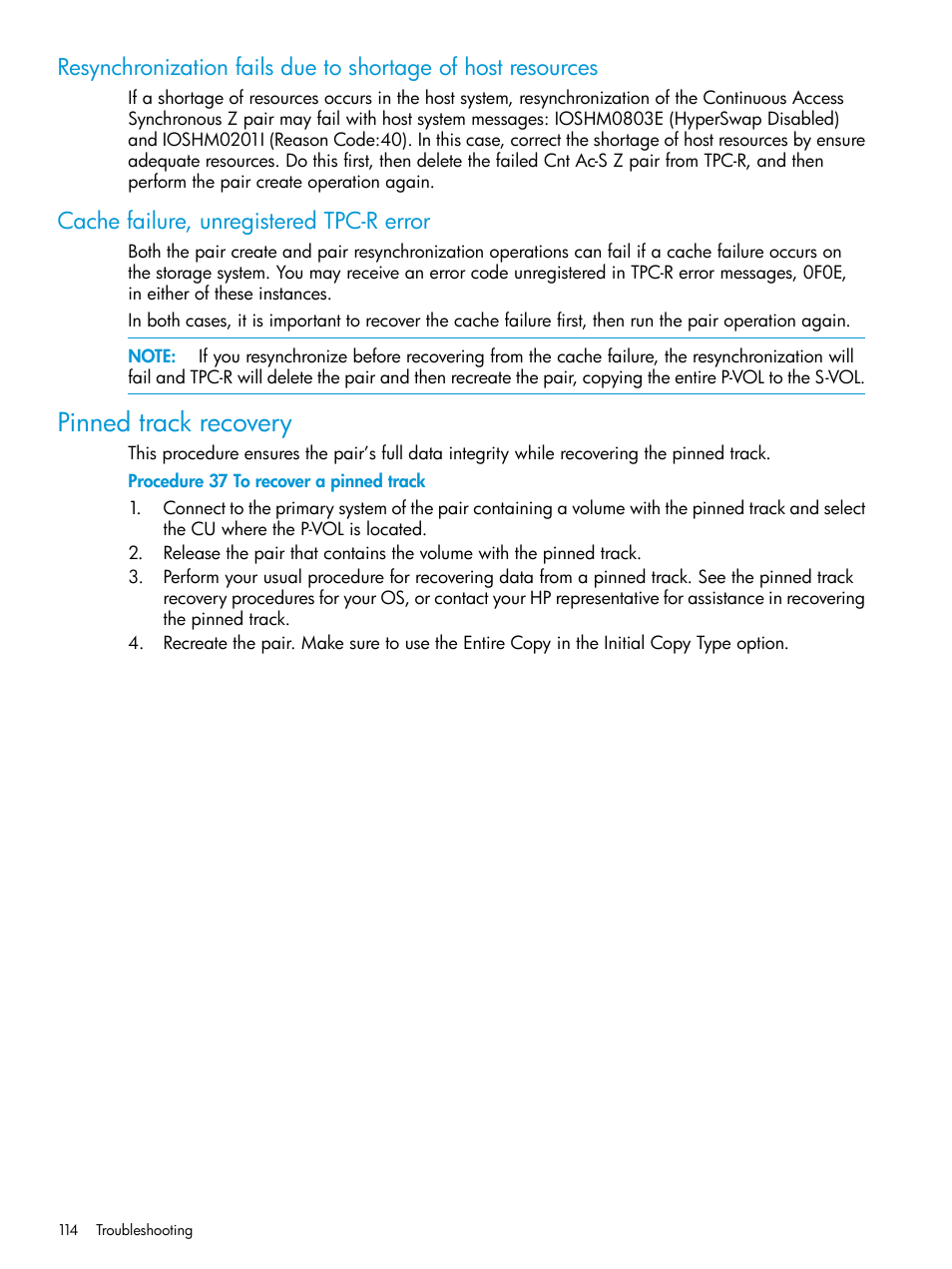 Cache failure, unregistered tpc-r error, Pinned track recovery | HP XP7 Storage User Manual | Page 114 / 195