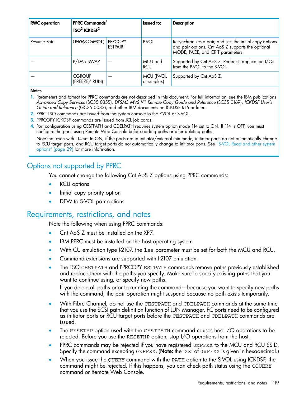 Options not supported by pprc, Requirements, restrictions, and notes | HP XP7 Storage User Manual | Page 119 / 195