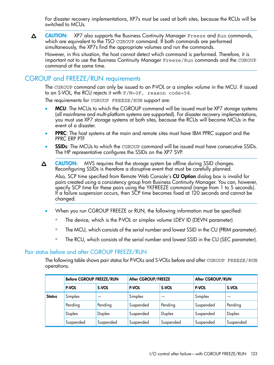 Cgroup and freeze/run requirements, Pair status before and after cgroup freeze/run | HP XP7 Storage User Manual | Page 123 / 195