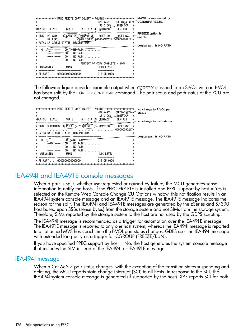 Iea494i and iea491e console messages, Iea494i message | HP XP7 Storage User Manual | Page 126 / 195