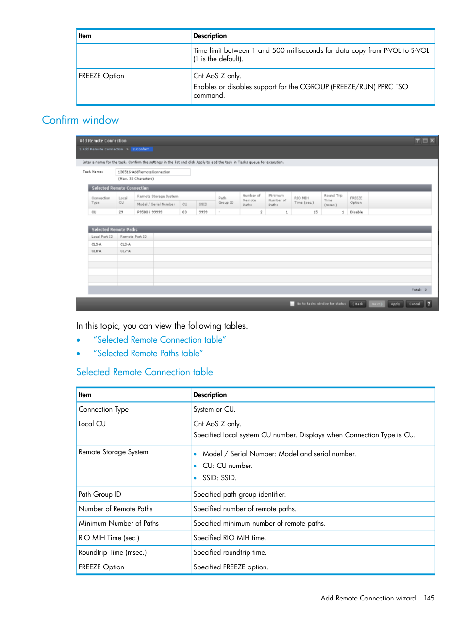 Confirm window, Selected remote connection table | HP XP7 Storage User Manual | Page 145 / 195