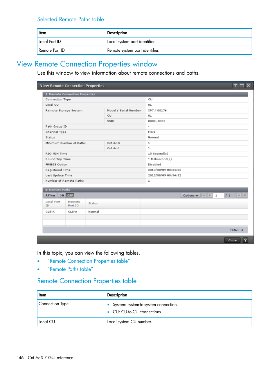 View remote connection properties window, Remote connection properties table | HP XP7 Storage User Manual | Page 146 / 195