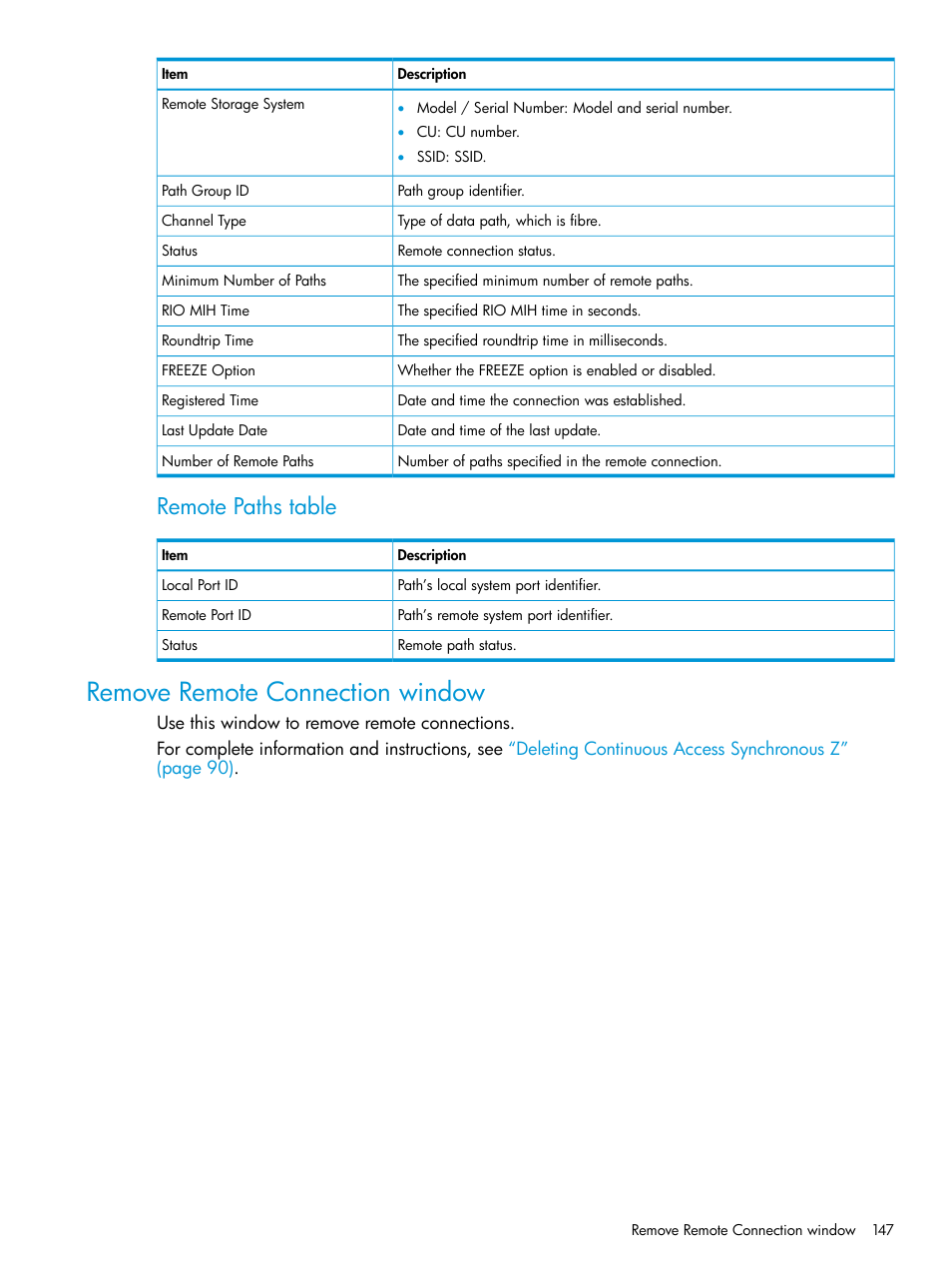 Remove remote connection window, Remote paths table | HP XP7 Storage User Manual | Page 147 / 195