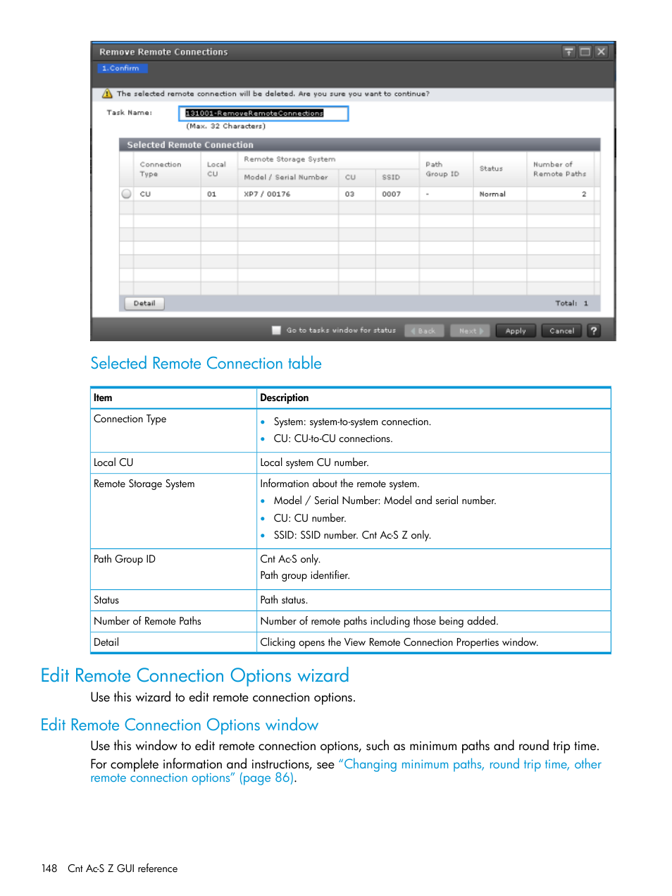 Edit remote connection options wizard, Edit remote connection options window, Selected remote connection table | HP XP7 Storage User Manual | Page 148 / 195