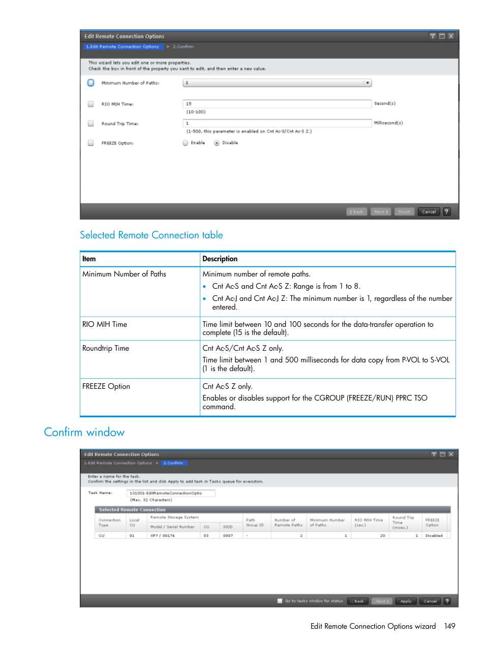 Confirm window, Selected remote connection table | HP XP7 Storage User Manual | Page 149 / 195