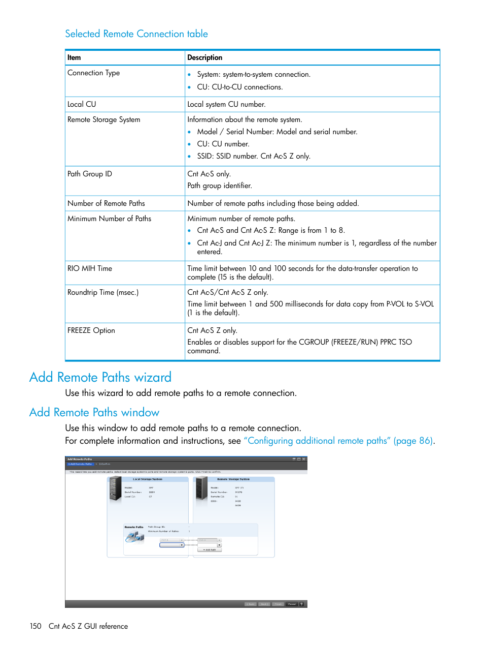 Add remote paths wizard, Add remote paths window, Selected remote connection table | HP XP7 Storage User Manual | Page 150 / 195