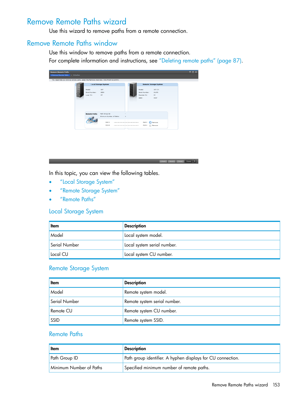 Remove remote paths wizard, Remove remote paths window | HP XP7 Storage User Manual | Page 153 / 195