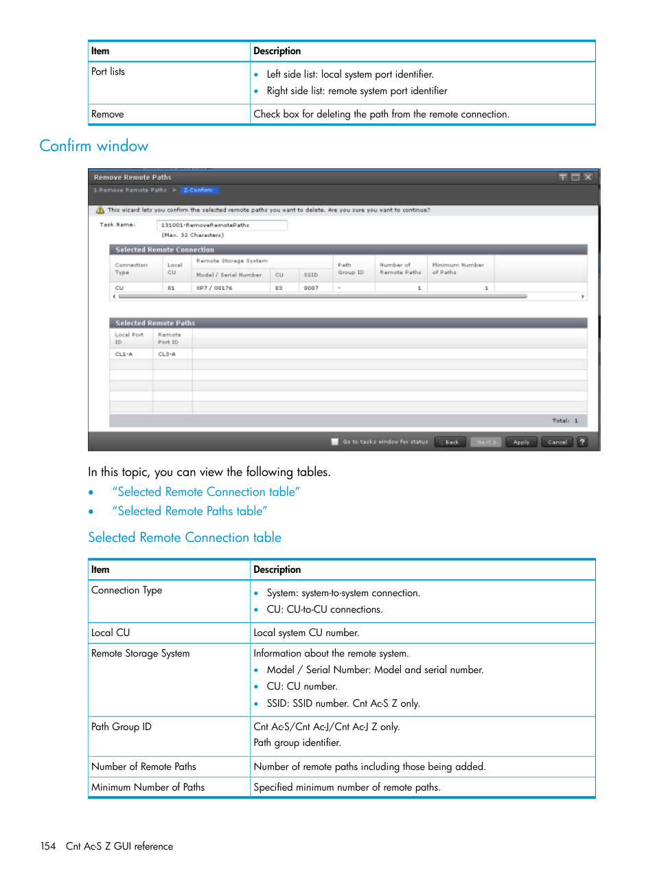 Confirm window, Selected remote connection table | HP XP7 Storage User Manual | Page 154 / 195