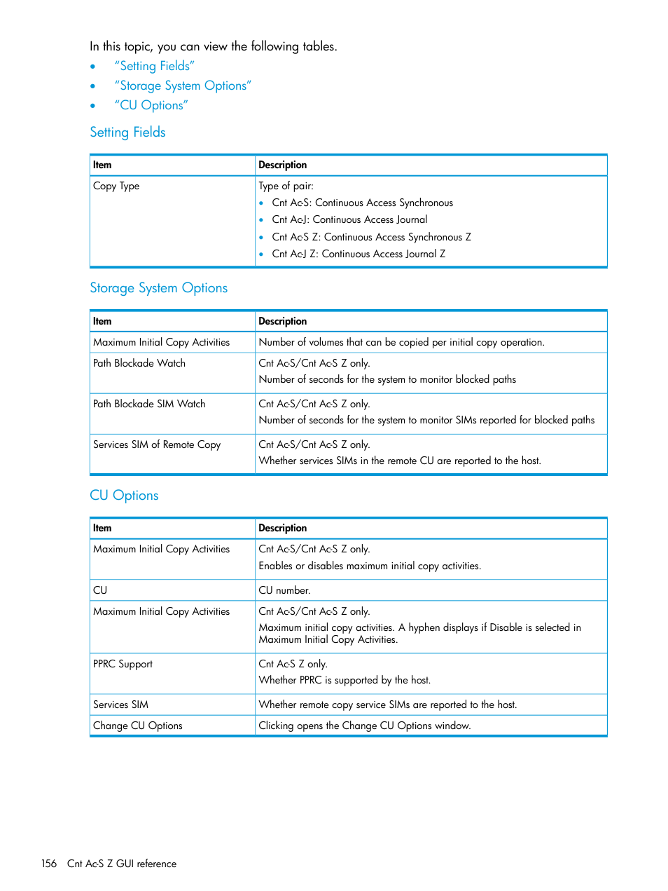 Setting fields, Storage system options, Cu options | HP XP7 Storage User Manual | Page 156 / 195