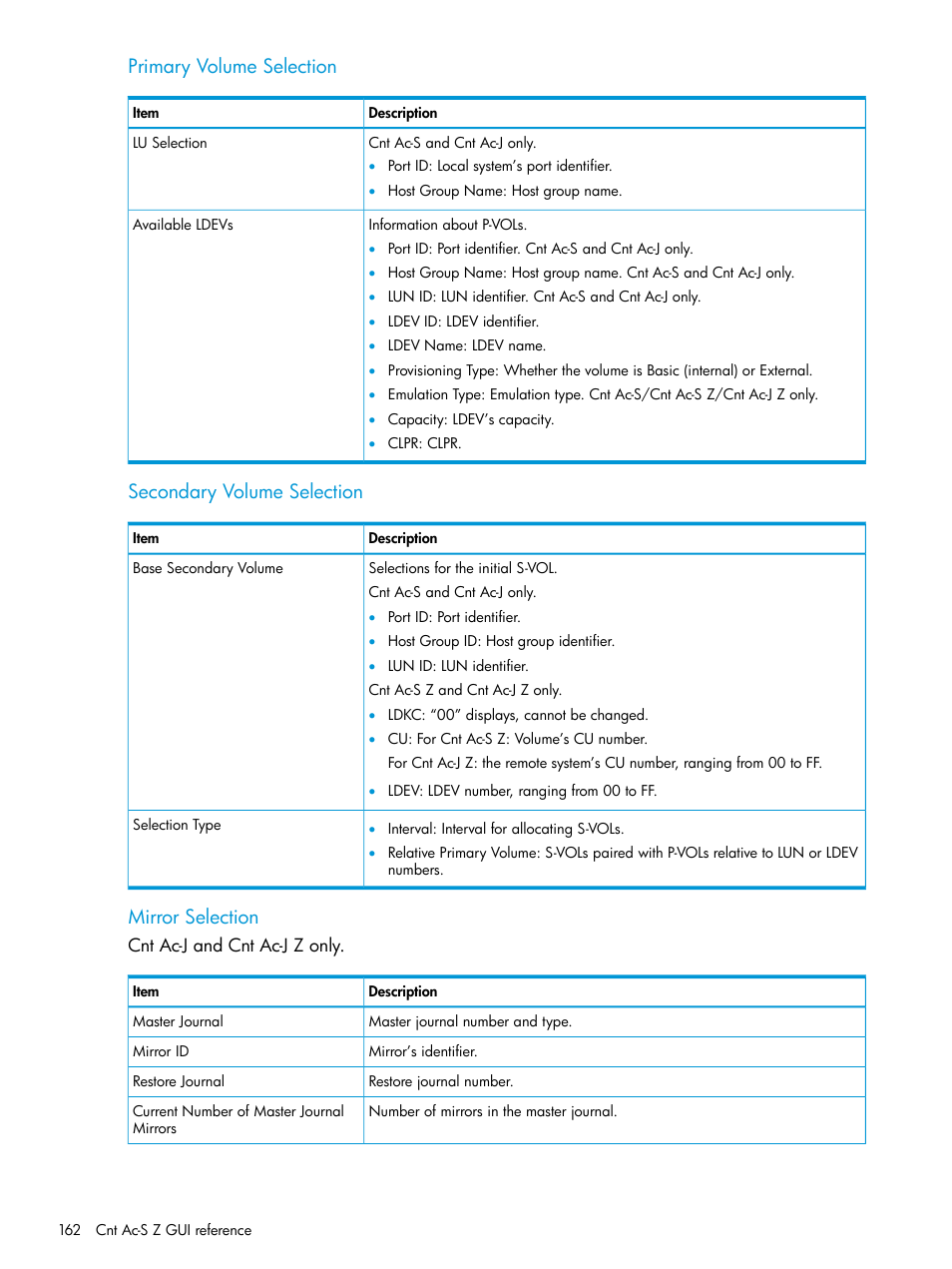 Primary volume selection, Secondary volume selection, Mirror selection | HP XP7 Storage User Manual | Page 162 / 195