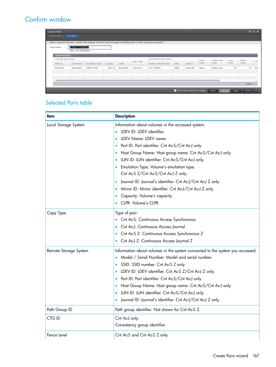 Confirm window, Selected pairs table | HP XP7 Storage User Manual | Page 167 / 195