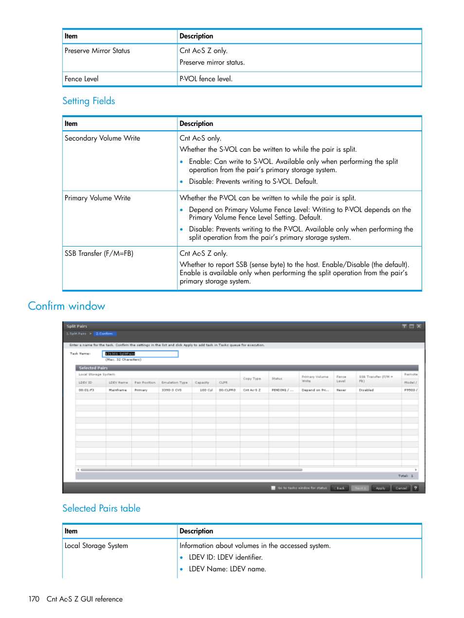 Confirm window, Setting fields, Selected pairs table | HP XP7 Storage User Manual | Page 170 / 195