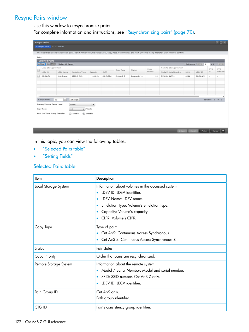 Resync pairs window, Selected pairs table | HP XP7 Storage User Manual | Page 172 / 195