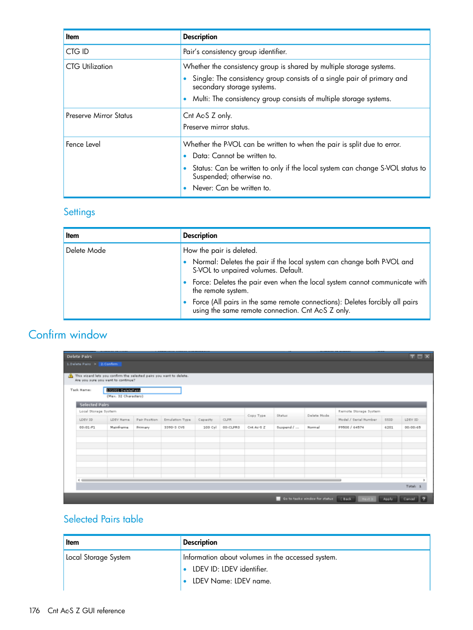 Confirm window, Settings, Selected pairs table | HP XP7 Storage User Manual | Page 176 / 195