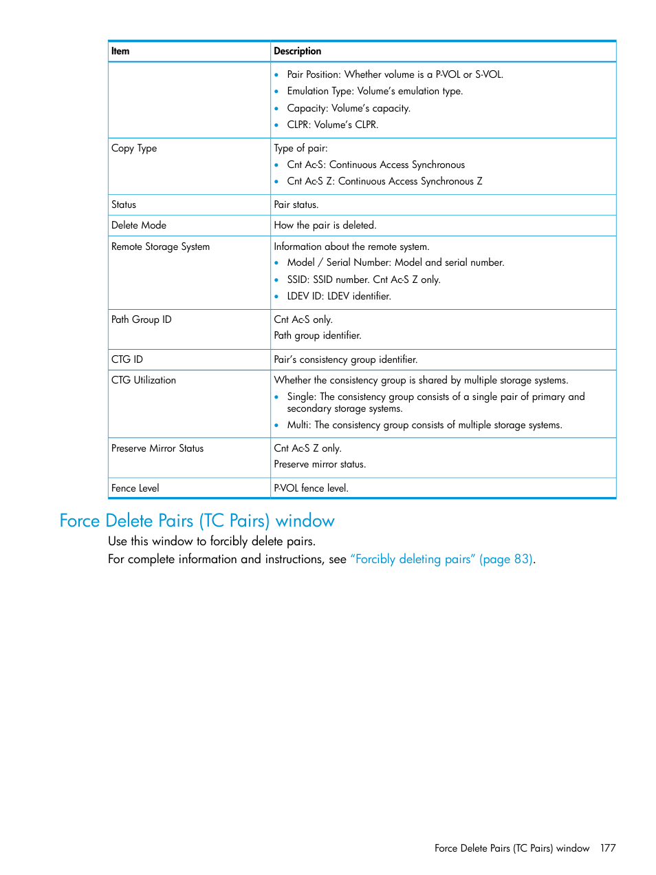 Force delete pairs (tc pairs) window | HP XP7 Storage User Manual | Page 177 / 195