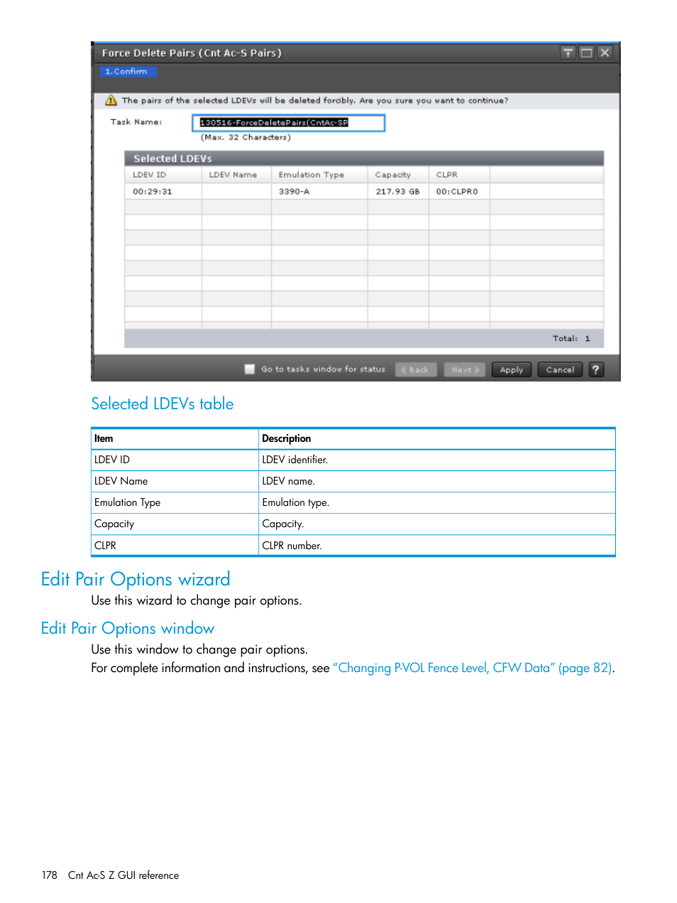 Edit pair options wizard, Edit pair options window, Selected ldevs table | HP XP7 Storage User Manual | Page 178 / 195