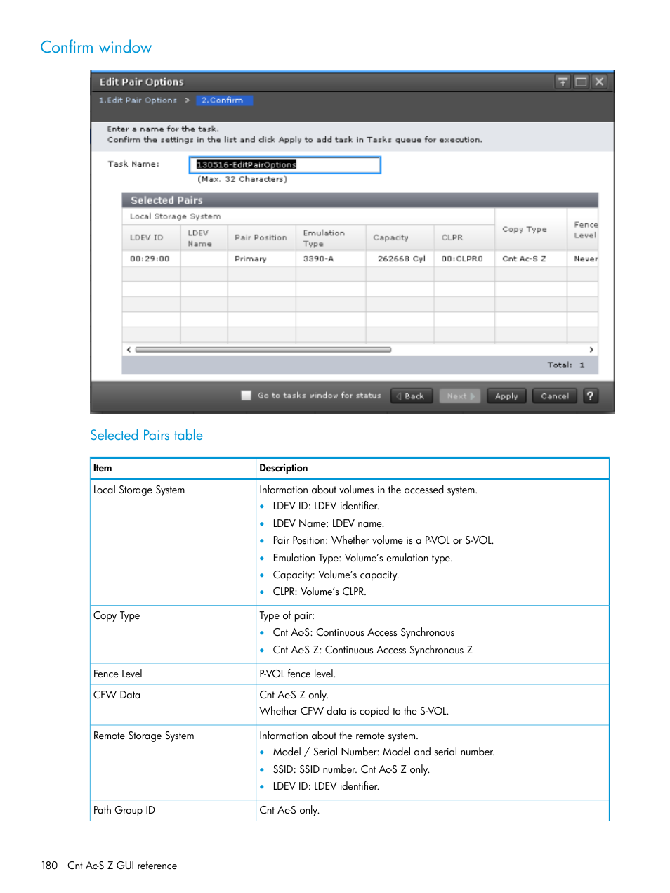 Confirm window, Selected pairs table | HP XP7 Storage User Manual | Page 180 / 195