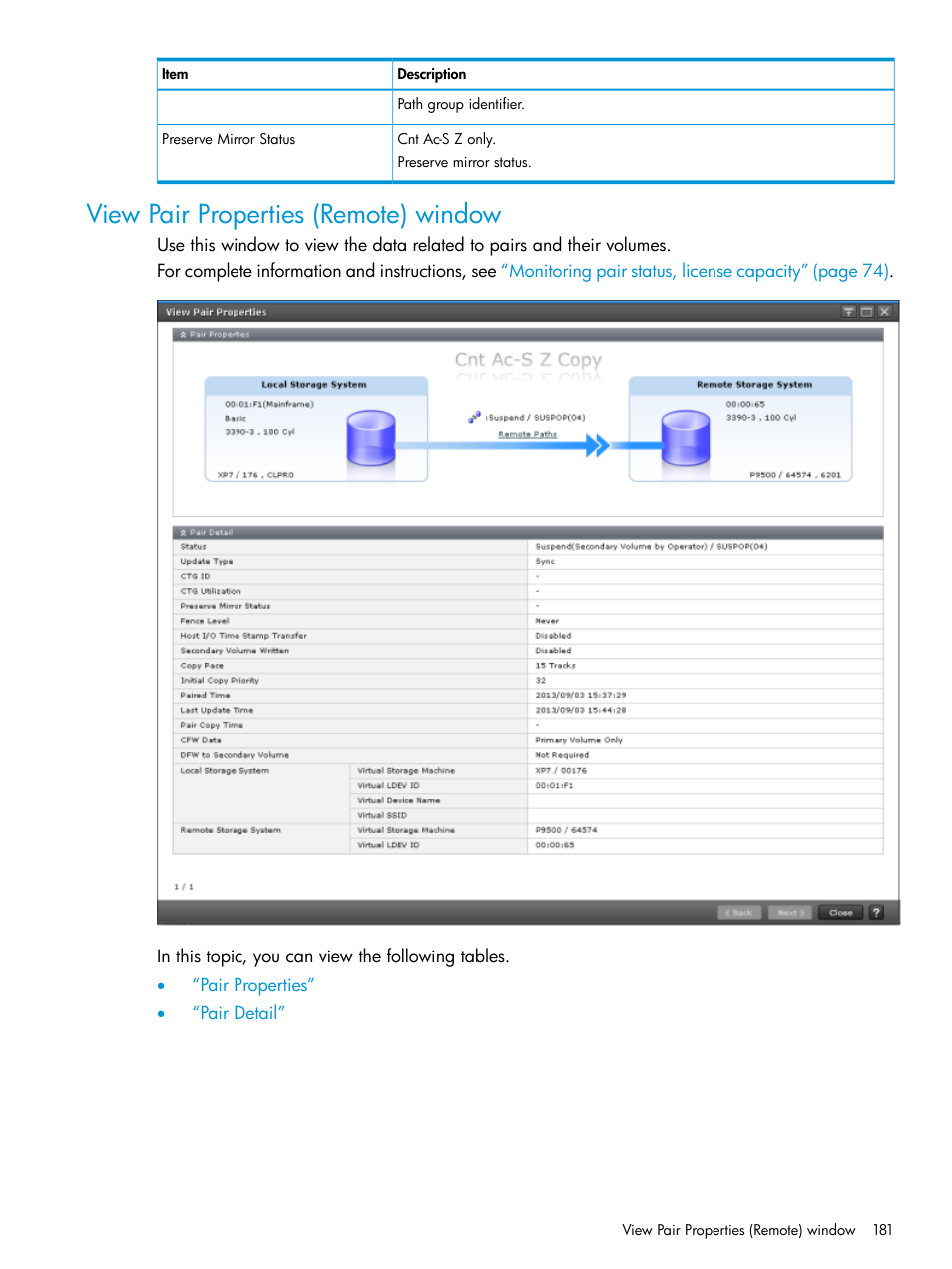View pair properties (remote) window | HP XP7 Storage User Manual | Page 181 / 195