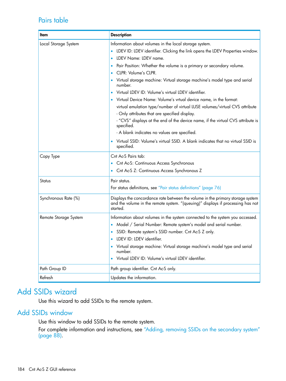 Add ssids wizard, Add ssids window, Pairs table | HP XP7 Storage User Manual | Page 184 / 195