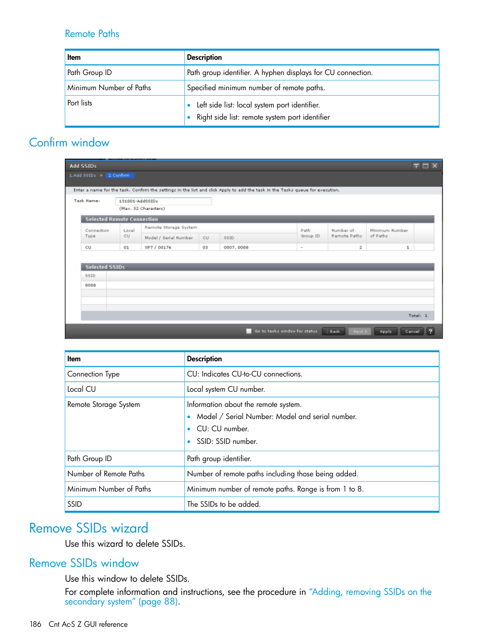 Confirm window, Remove ssids wizard, Remove ssids window | Remote paths | HP XP7 Storage User Manual | Page 186 / 195