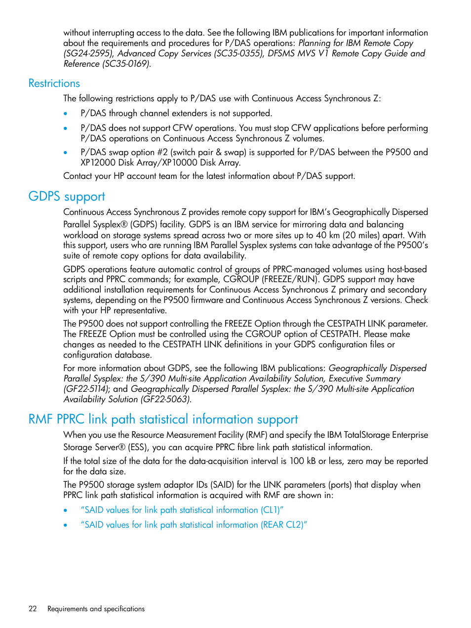 Restrictions, Gdps support, Rmf pprc link path statistical information support | Rmf pprc | HP XP7 Storage User Manual | Page 22 / 195
