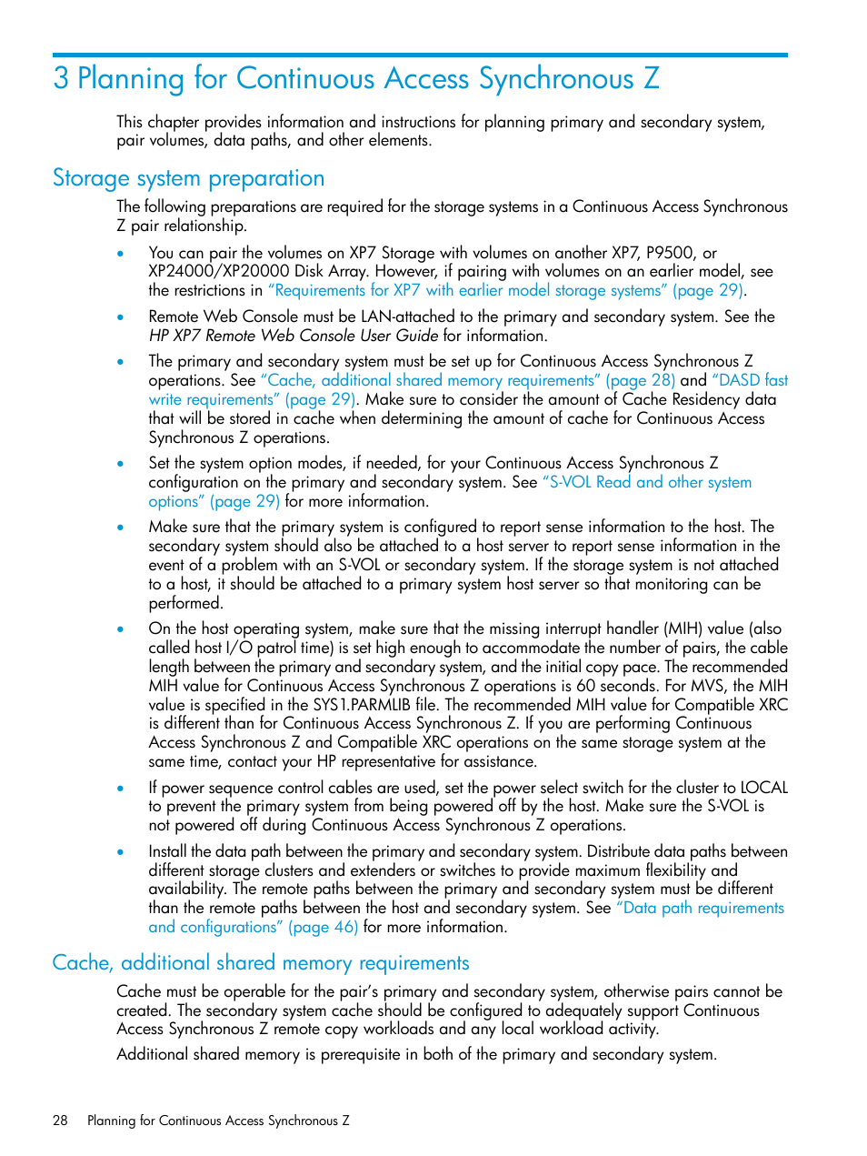 3 planning for continuous access synchronous z, Storage system preparation, Cache, additional shared memory requirements | HP XP7 Storage User Manual | Page 28 / 195