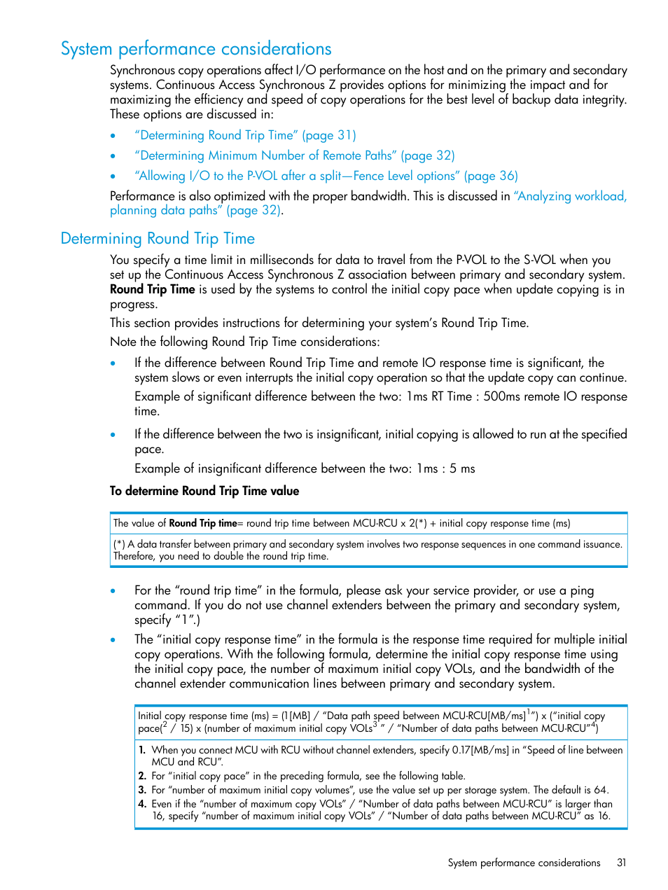 System performance considerations, Determining round trip time | HP XP7 Storage User Manual | Page 31 / 195